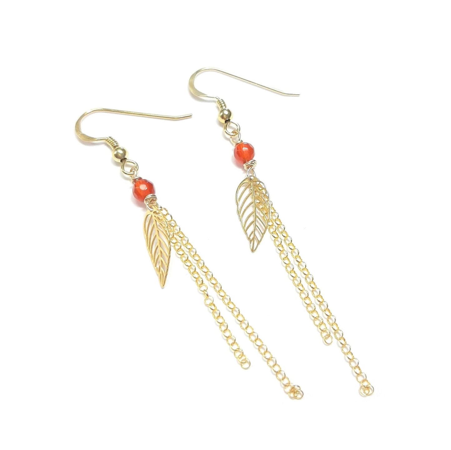 Boucles d'Oreilles Feuilles en Argent 925 doré et Cornaline