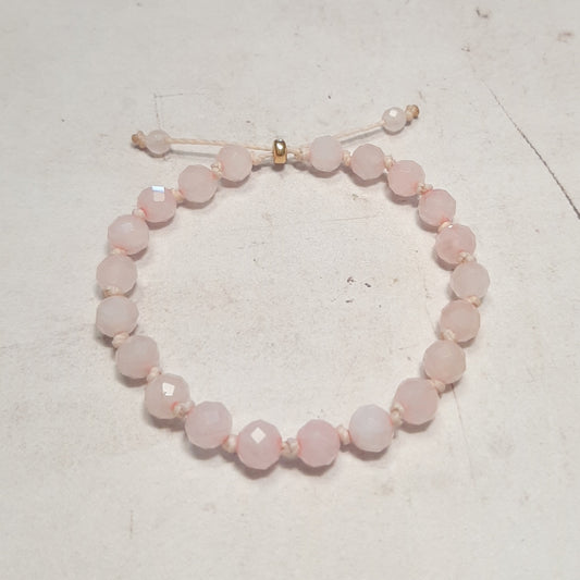 Bracelet réglable en Quartz Rose naturelle sur fil de coton ciré