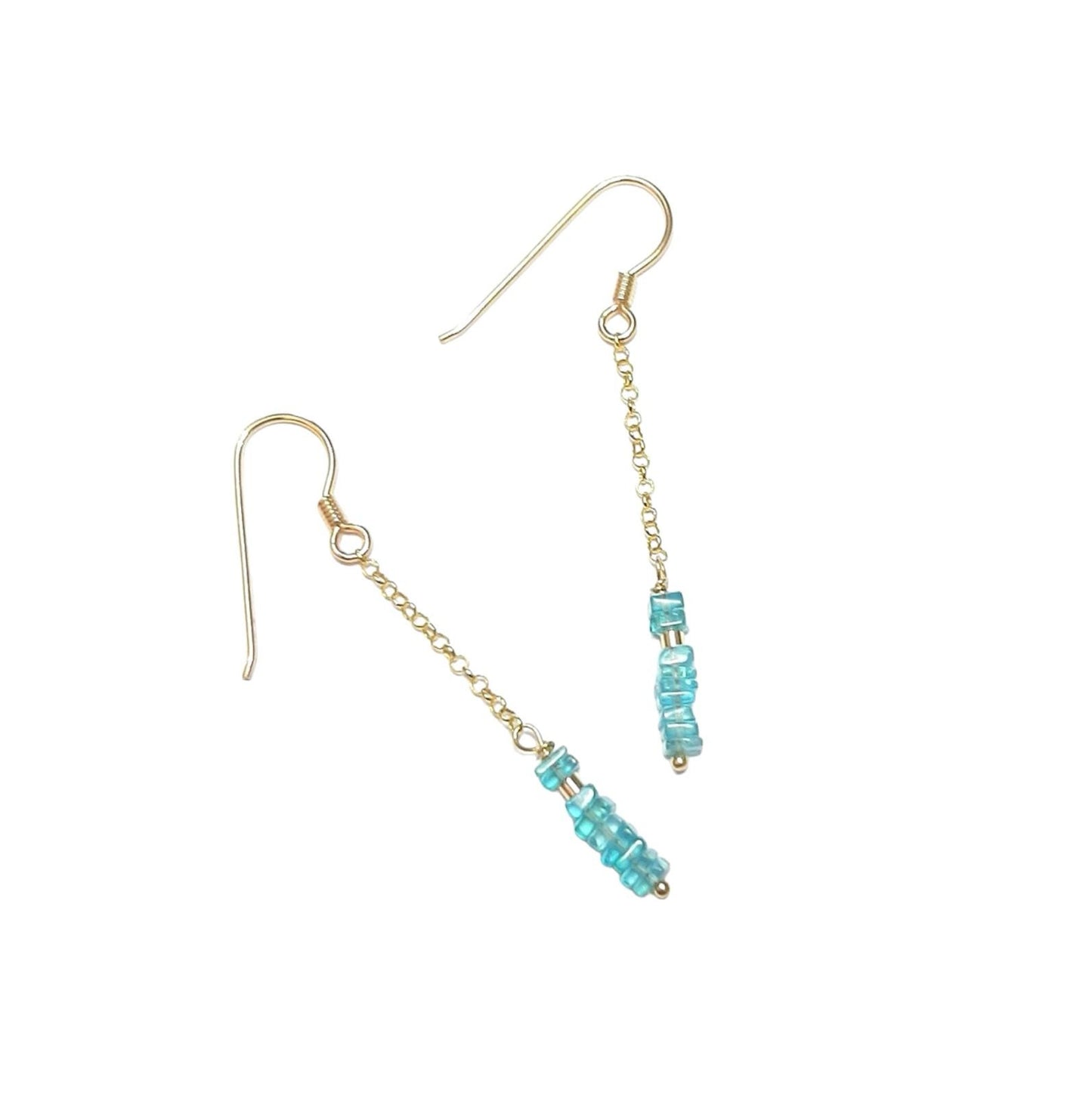 Boucles d'oreilles chaines pendantes en argent doré à l'or fin et pierres naturelles : apatite bleue.