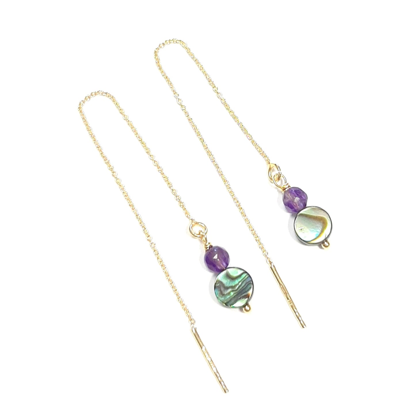 boucles d'oreilles chaines traversantes en argent fin doré et améthyste