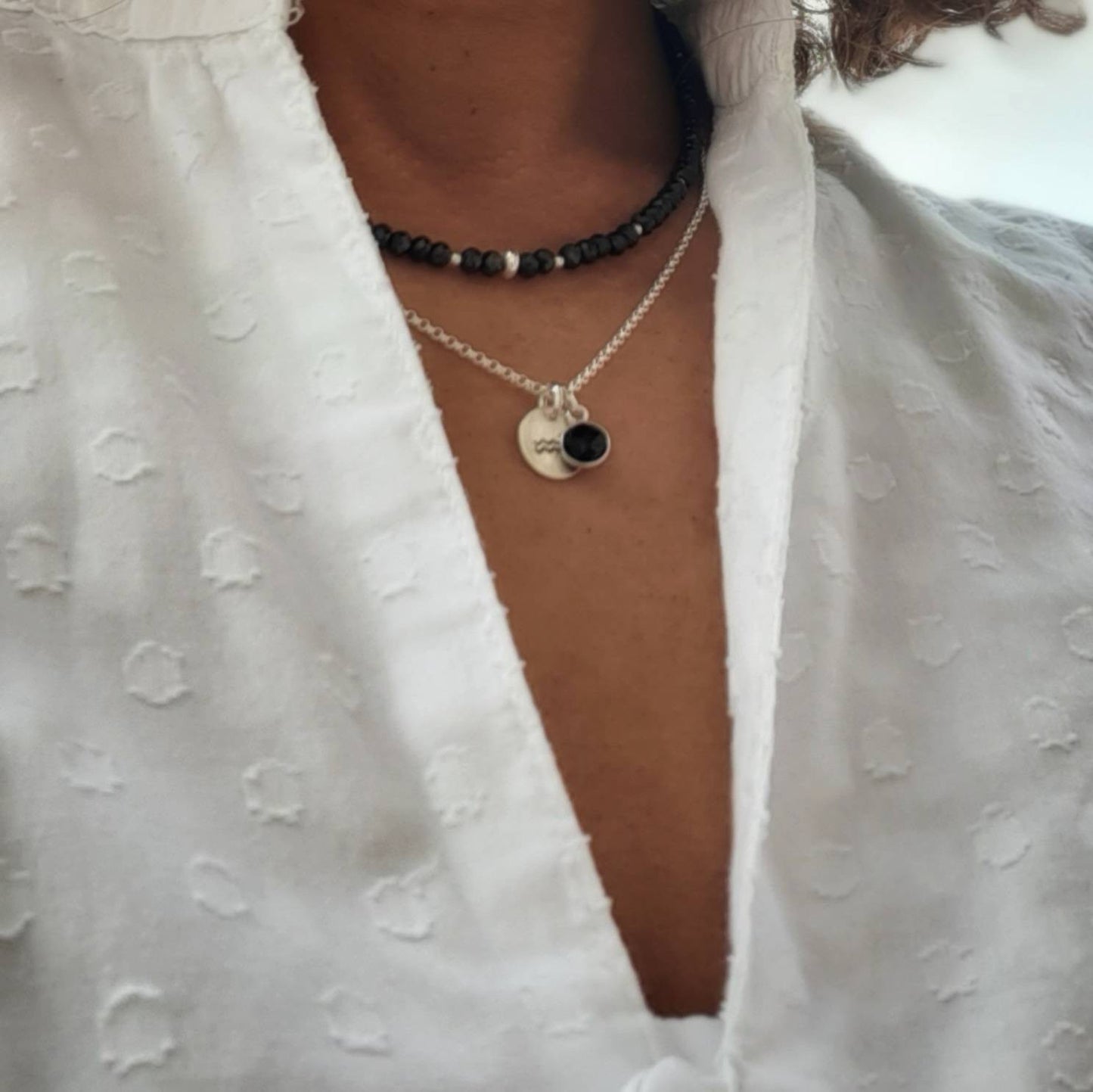 Collier Spinelle Noire, Argent 925 Et Pierres Naturelles