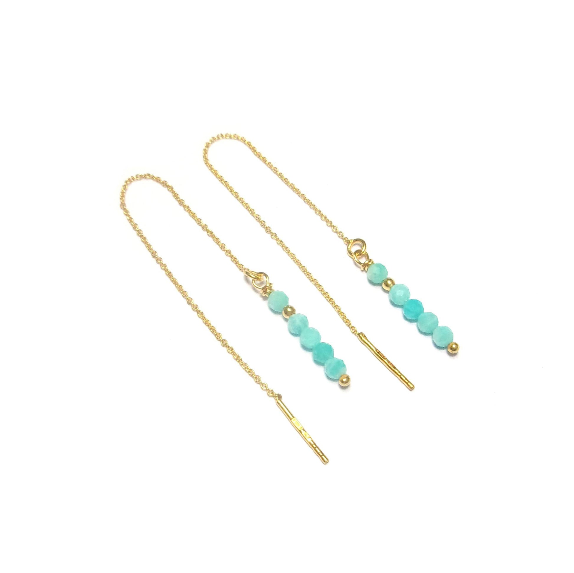 Boucles d'oreilles longues en argent 925 doré et pierres d'amazonite