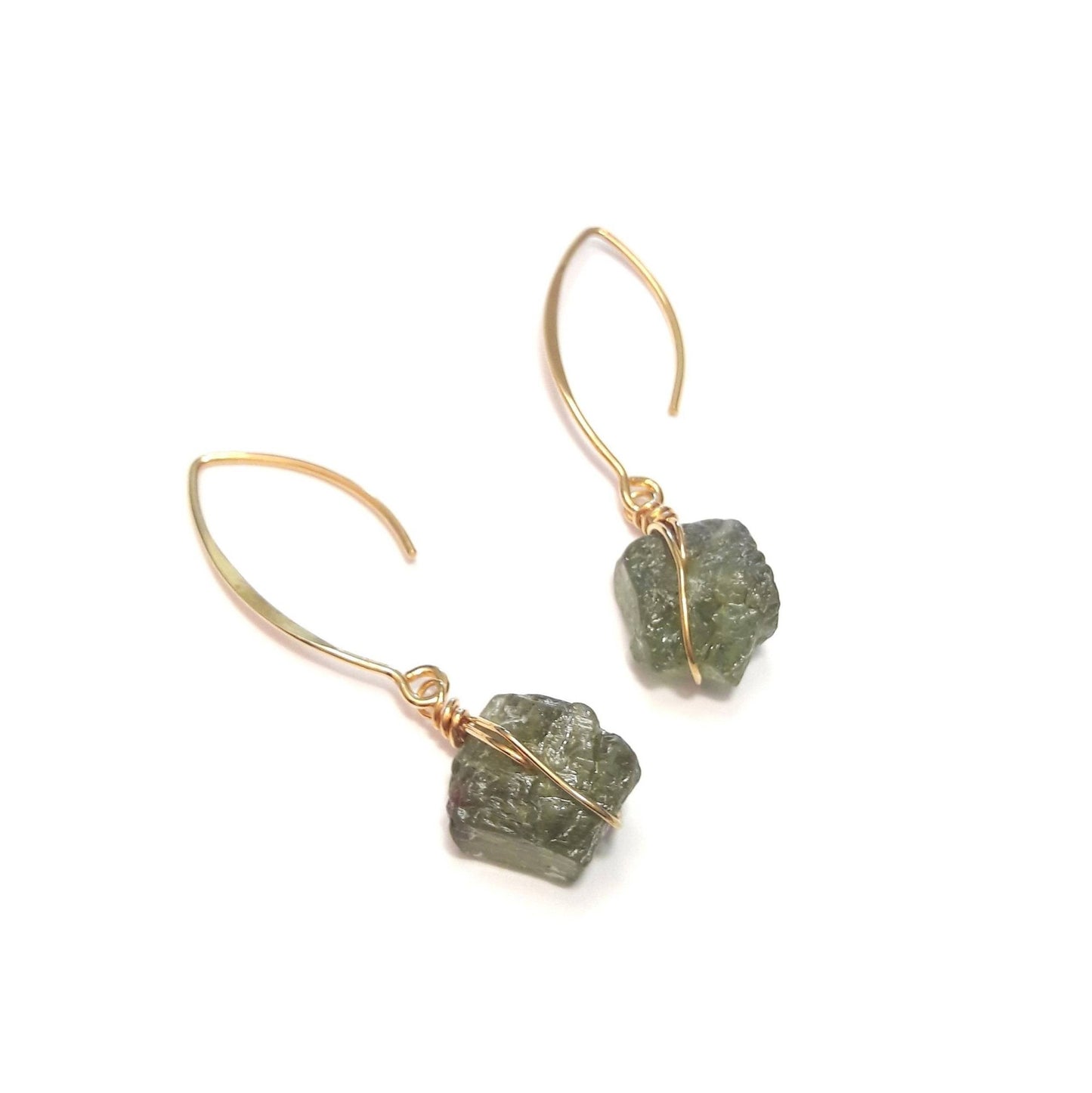 Boucles D'Oreilles longues en Argent 925 Doré et Grenat Vert, pierres brutes