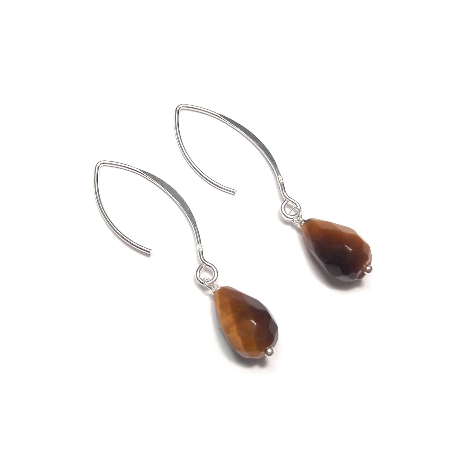 Boucles d'oreilles mi longues en argent sterling e pierres naturelles oeil de tigre, pierre irisée marron