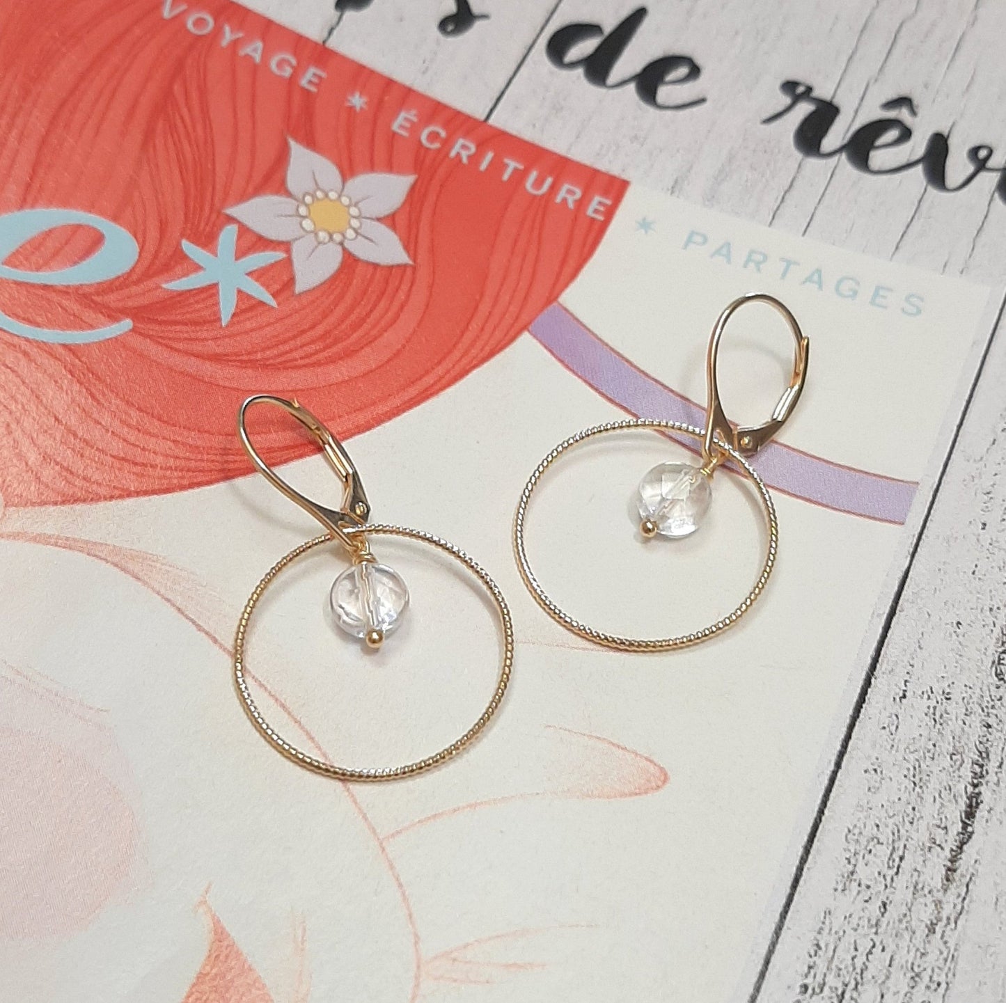 Boucles d'Oreilles Créoles en Argent 925 Doré et Cristal de Roche