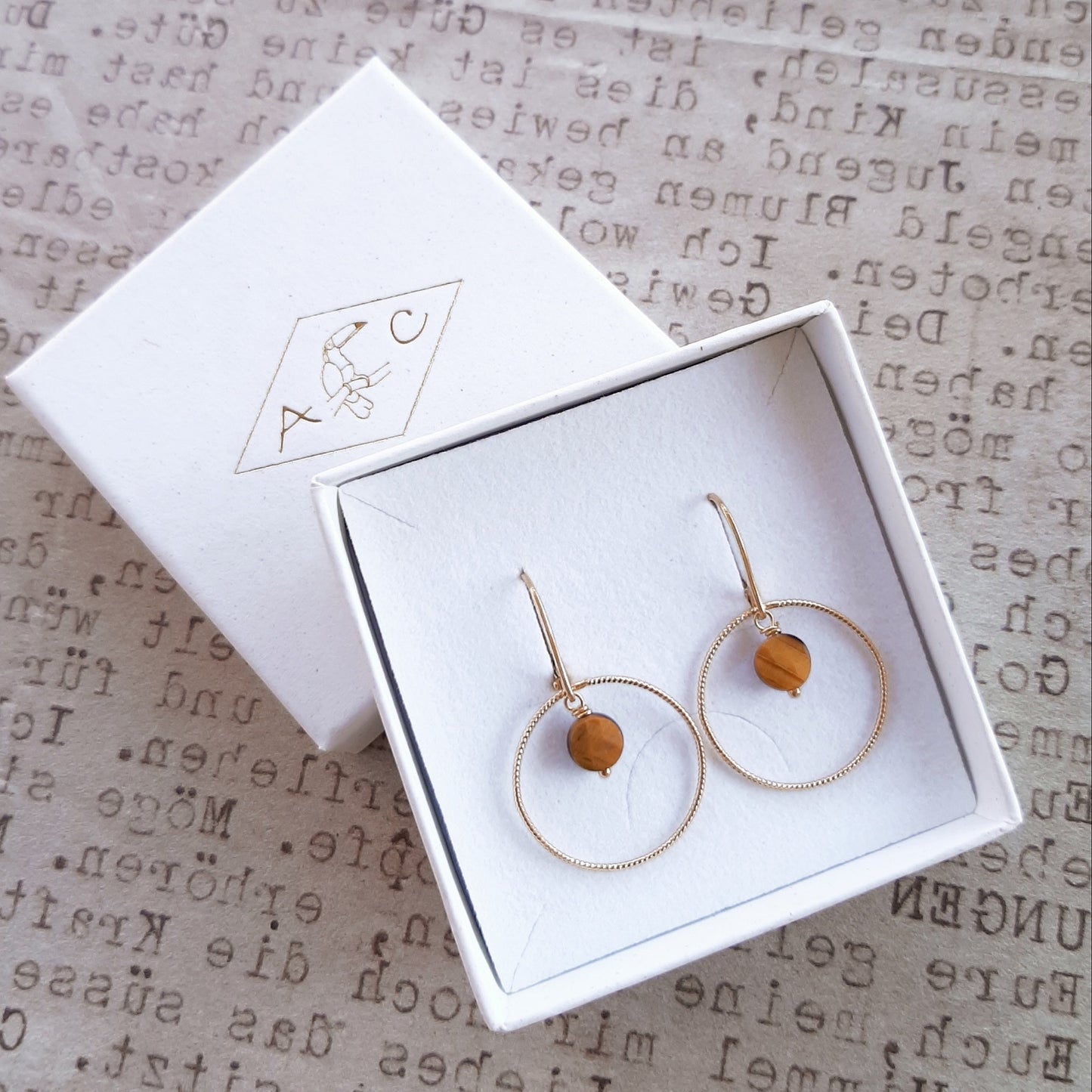Boucles d'Oreilles en Argent 925 Doré et Œil de Tigre Krahô