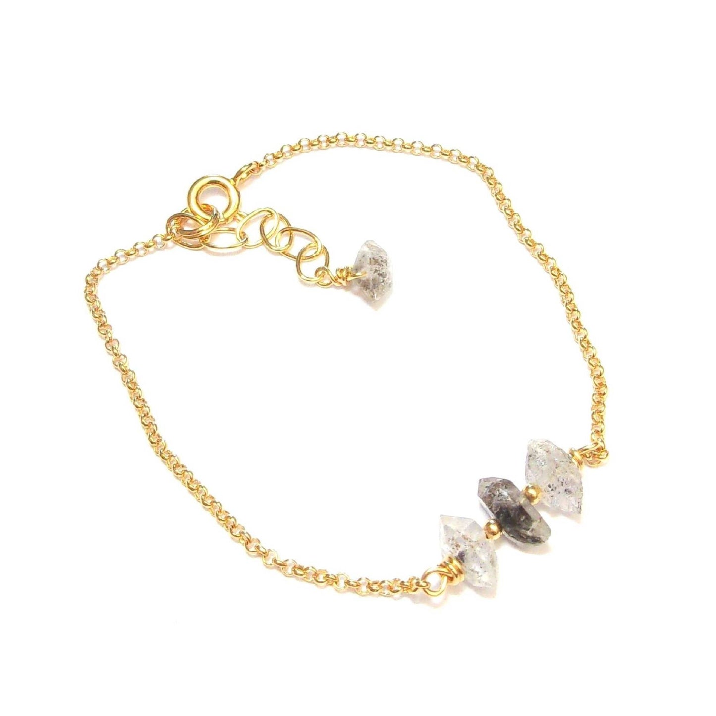 Bracelet bohème en argent 925 doré à l'or fin et pierres semi-précieuses brutes: quartz diamant (diamant d'herkimer).