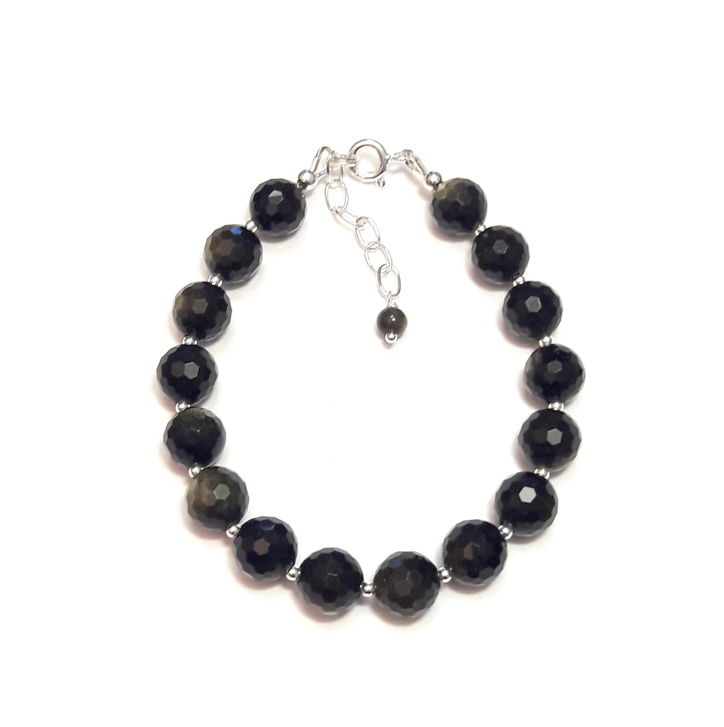 Bracelet en obsidienne pour homme ou femme, pierres naturelles et argent sterling