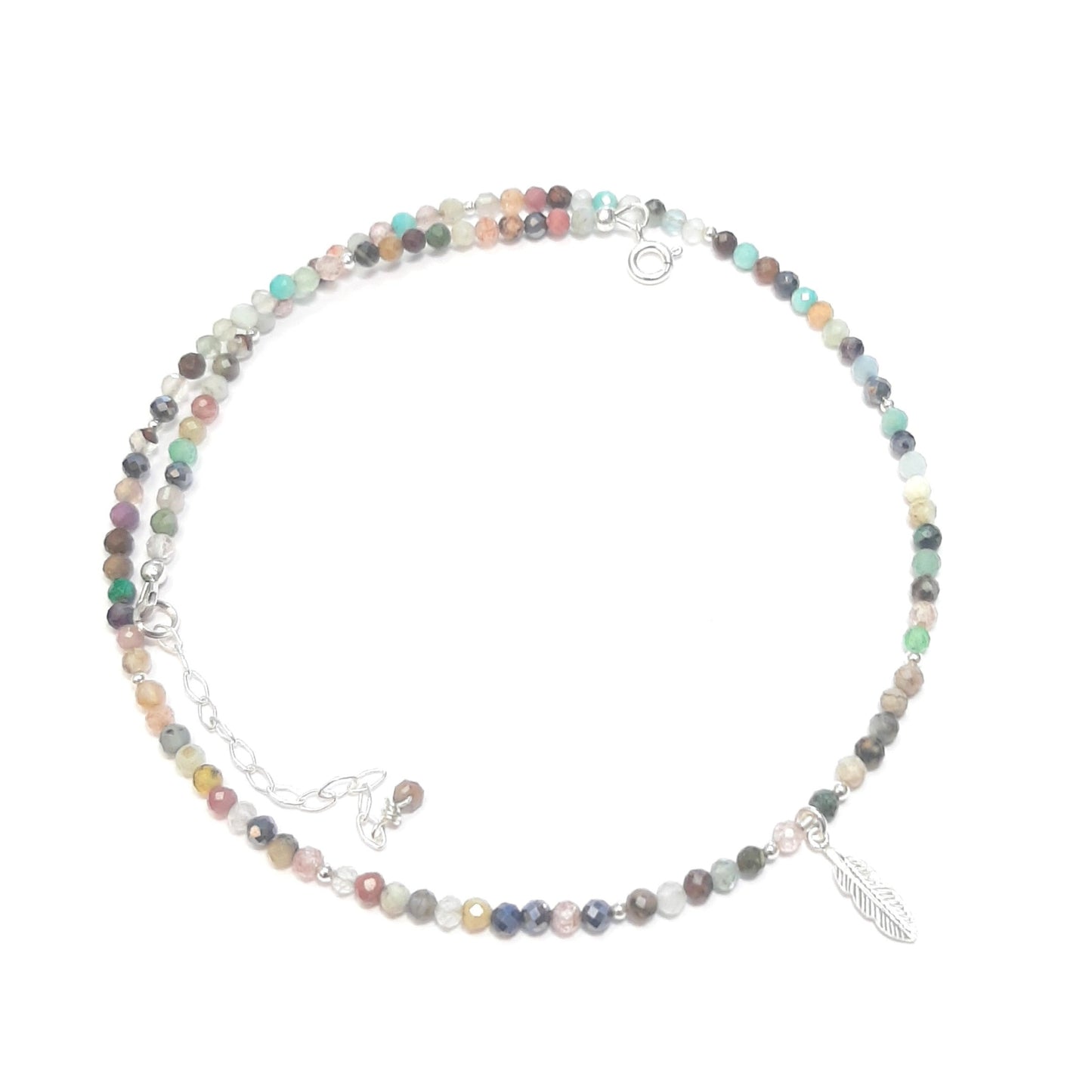 collier multicolore en argent et pierres naturelles, pendentif plume
