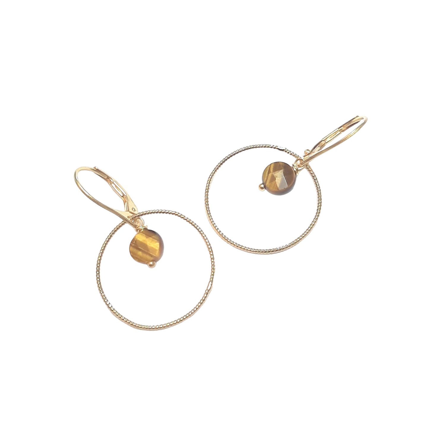 boucles d'oreilles créoles dorées avec pierres naturelles d'oeil de tigre