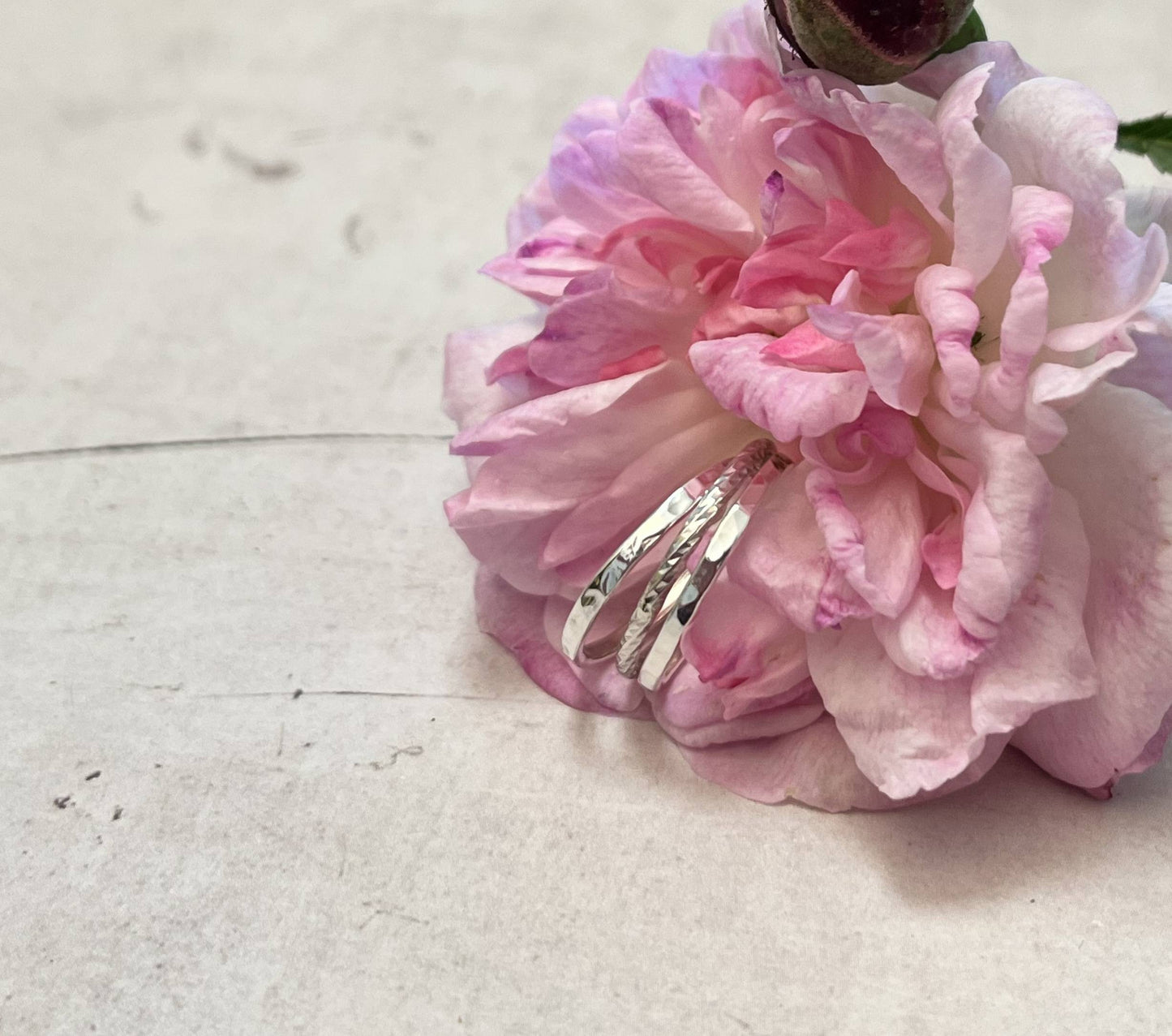 Cet ensemble de 3 bagues fines en argent massif est un mariage parfait de sophistication et de simplicité. Composé de deux bagues avec une finition martelée et d'une bague en fil torsadé, la bague Trindade offre une variété de styles pour répondre à toutes vos envies.