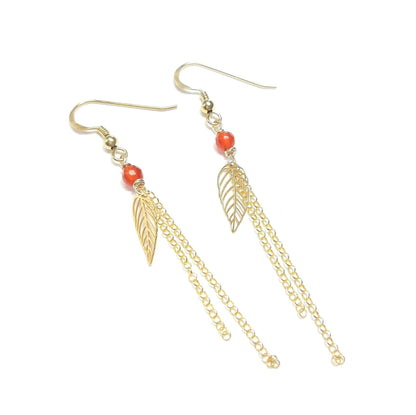 Boucles d'Oreilles Feuilles en Argent 925 doré et Cornaline