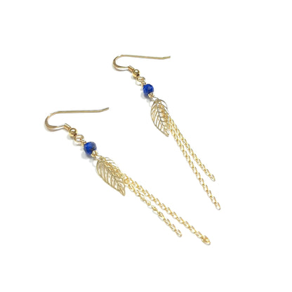 pendants d’oreilles longs, feuille dorée argent massif, lapis lazuli bleu nuit, bijou lithothérapie