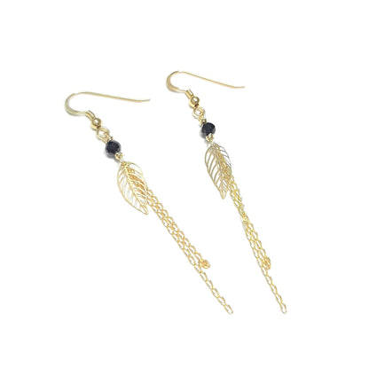 boucles d’oreilles inspirées de la nature, feuilles argent doré, spinelle noire profonde, bijou fait main, harmonisant