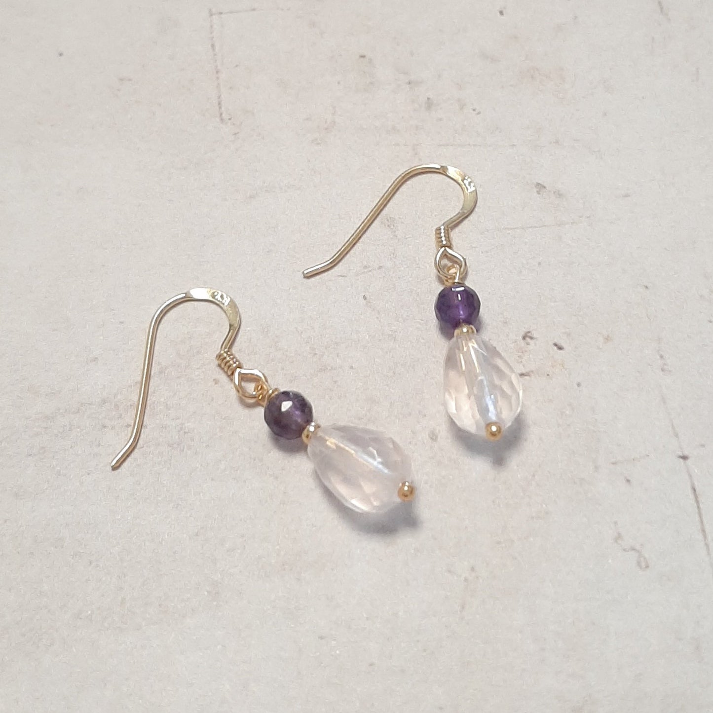 Boucles d'oreilles en argent 925 doré, quartz rose et améthyste 