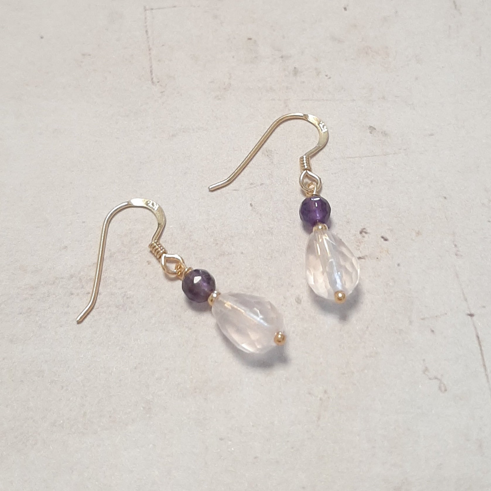 Boucles d'oreilles en argent 925 doré, quartz rose et améthyste 