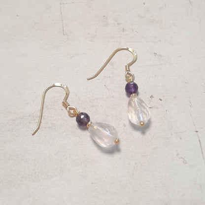 Boucles d'oreilles en argent 925 doré, quartz rose et améthyste 