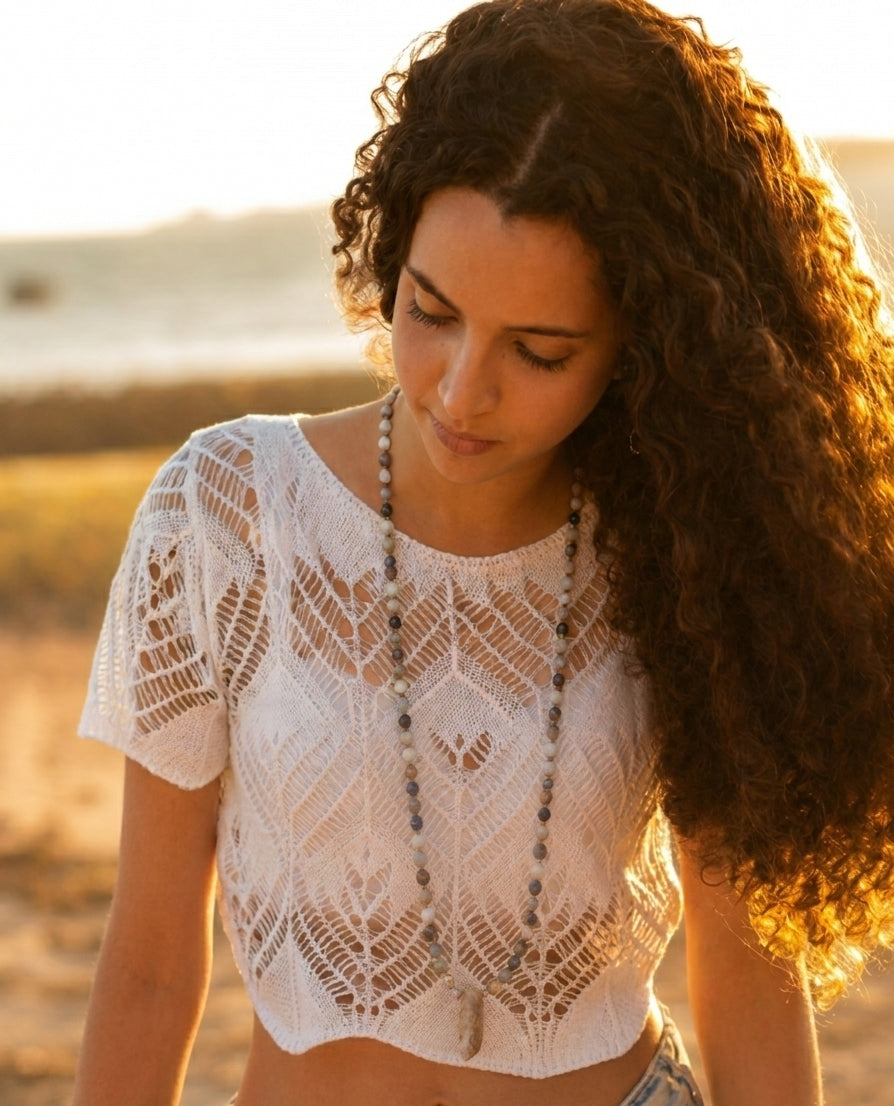 Sautoir mala 108 perles pierres naturelles multicolores, collier long.