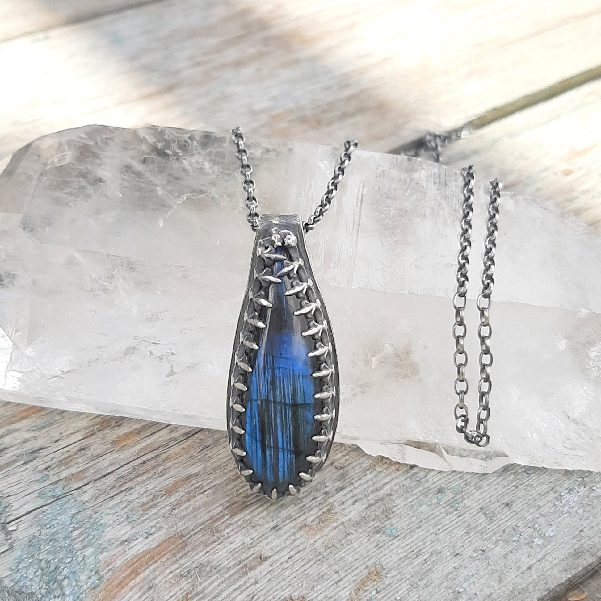 Sautoir ethnique labradorite argent 925 chaîne forçat, bijou bohème fait main France