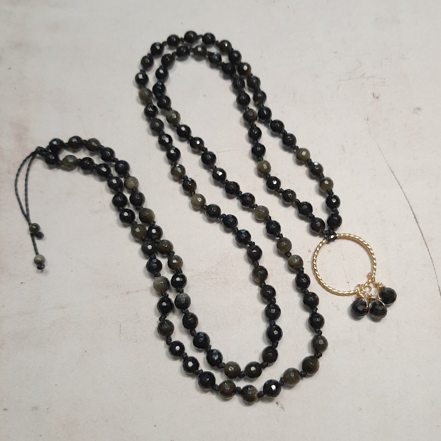 Sautoir mala en pierres naturelles d'obsidienne dorée