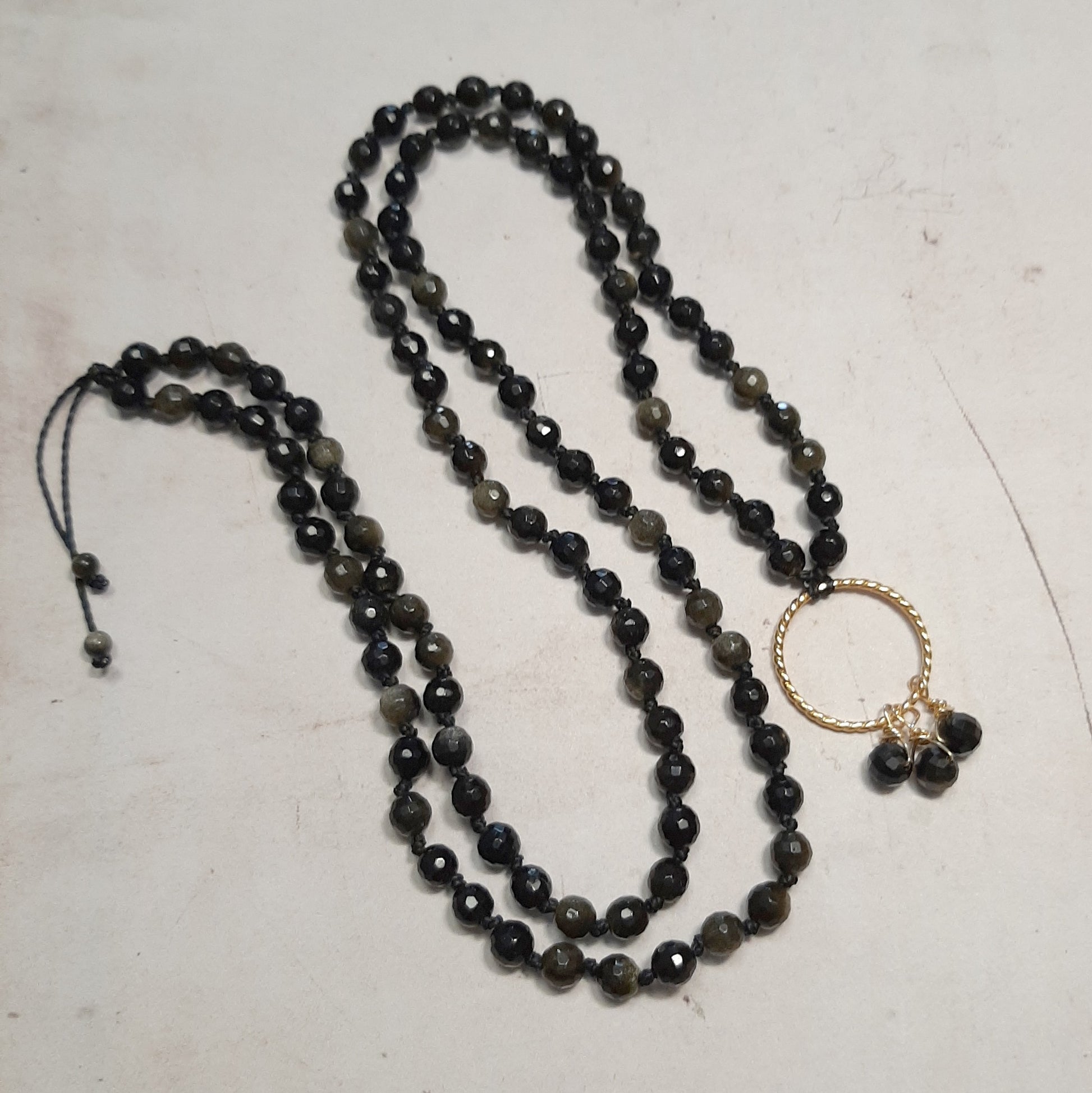 Sautoir mala en pierres naturelles d'obsidienne dorée