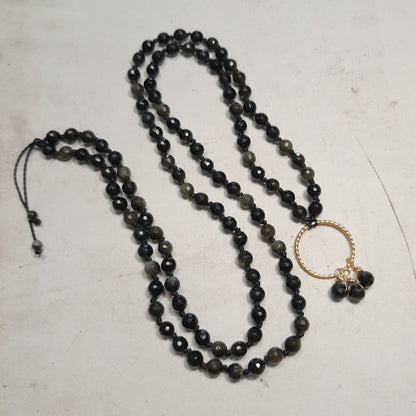 Sautoir mala en pierres naturelles d'obsidienne dorée