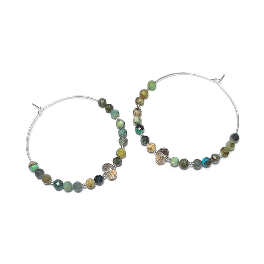Boucles d'oreilles créoles en argent 925 et pierres naturelles, turquoise et quartz fumé.