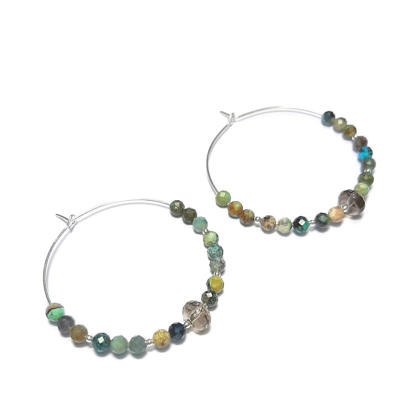 Créoles en Argent 925, Turquoise Verte et Quartz Fumé