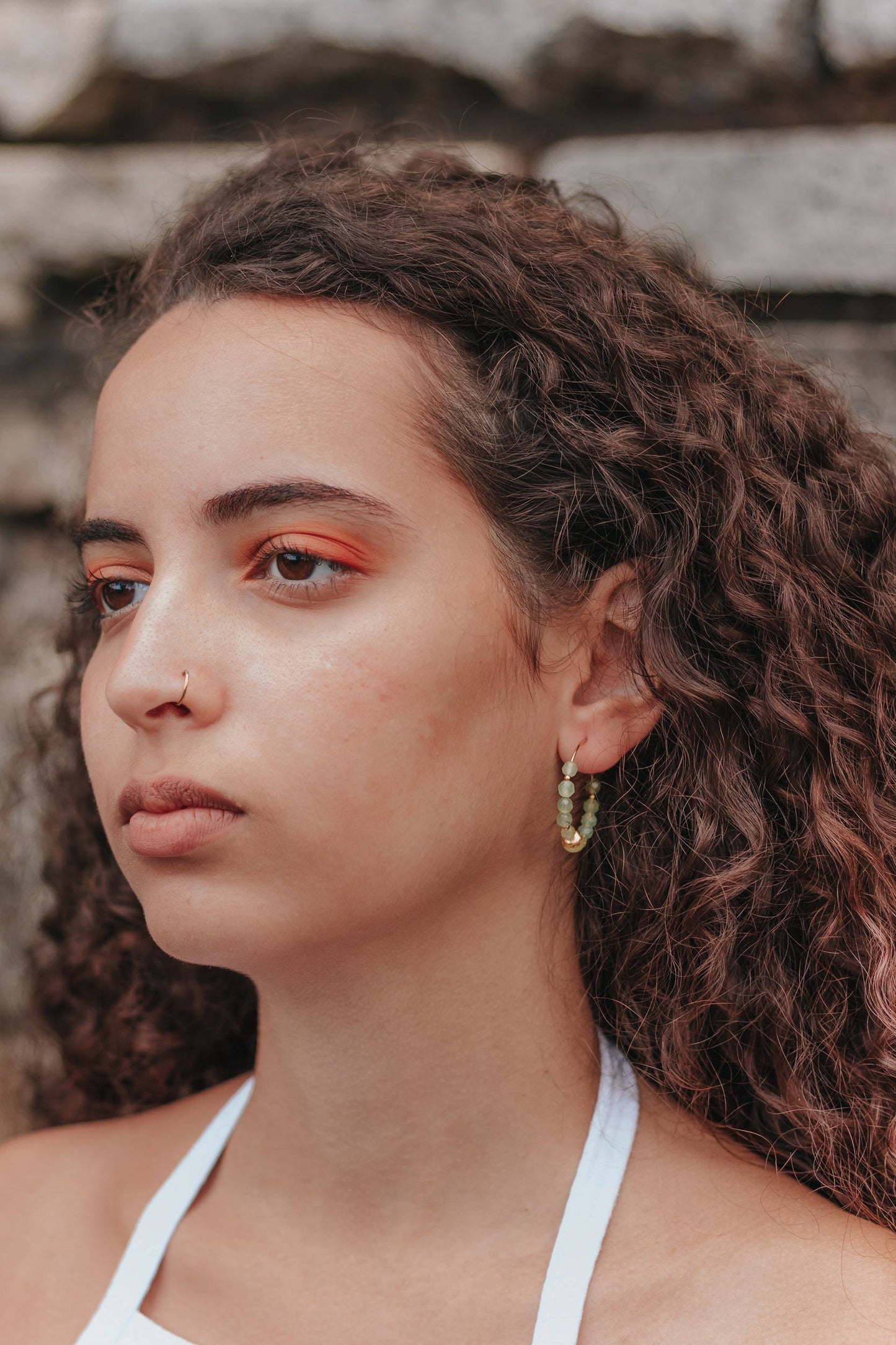 Boucles D'Oreilles Créoles en Aventurine et Argent 925 Doré