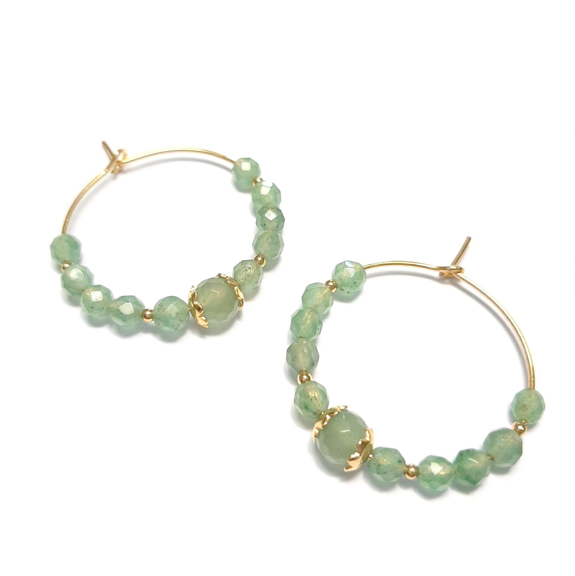 Boucles D'Oreilles Créoles  Aventurine verte en Argent 925 Doré