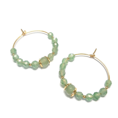 Boucles D'Oreilles Créoles  Aventurine verte en Argent 925 Doré