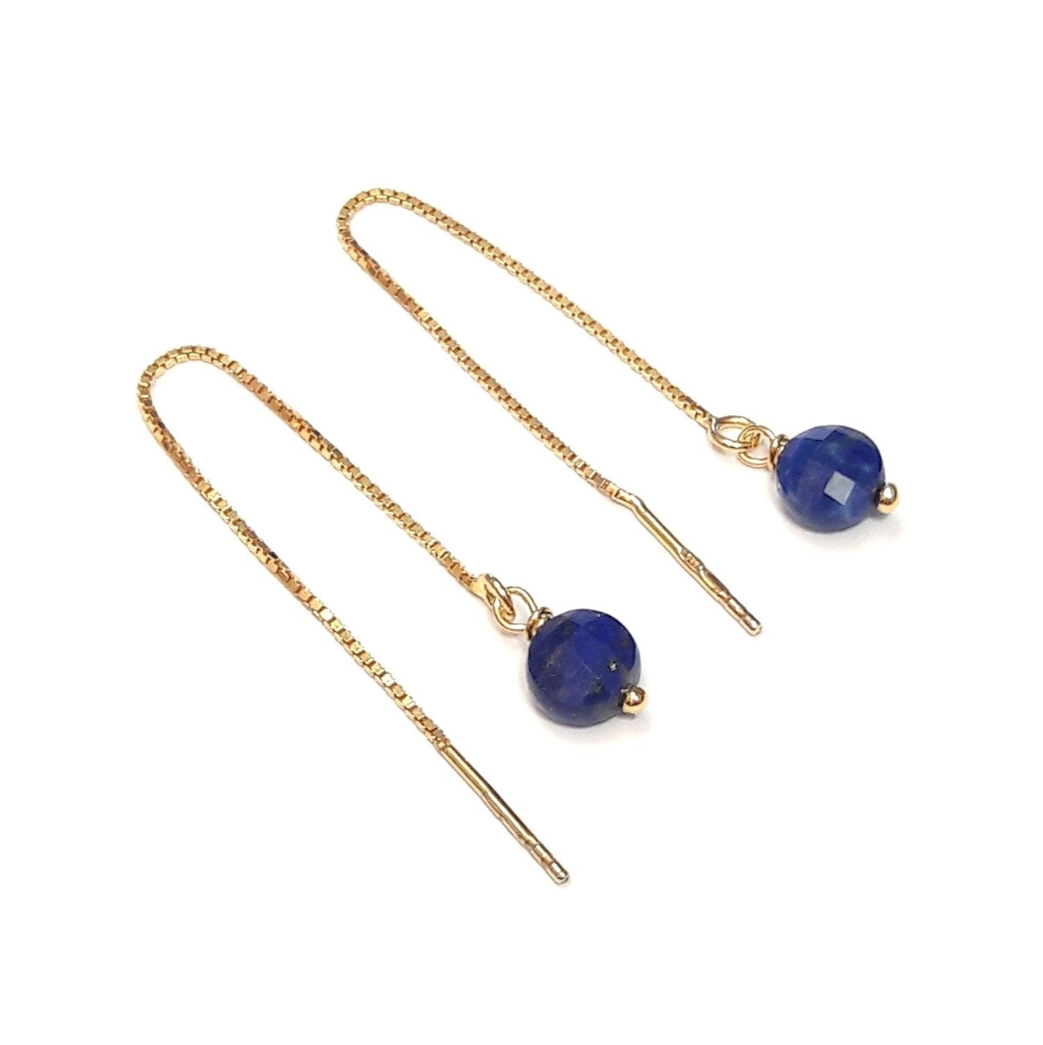 boucles d'oreilles chaines réglables en argent doré et lapis lazuli, pierre couleur bleues 