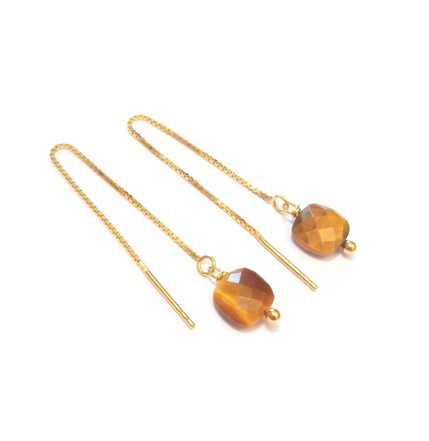 boucles d'oreilles longues en argent doré et oeil de tigre 