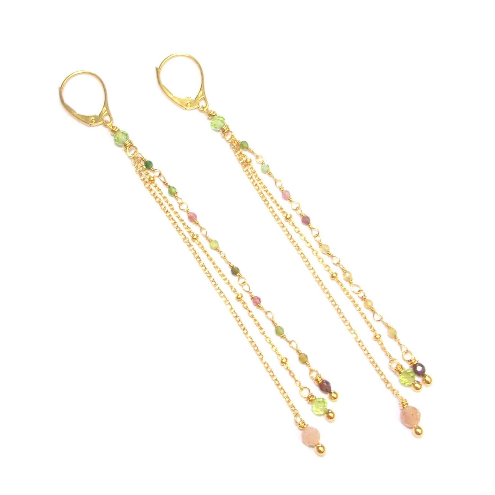 Boucles D'Oreilles bohèmes composés de chaînes en Argent 925 Doré et Tourmaline