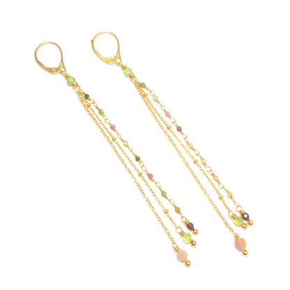 Boucles D'Oreilles bohèmes composés de chaînes en Argent 925 Doré et Tourmaline