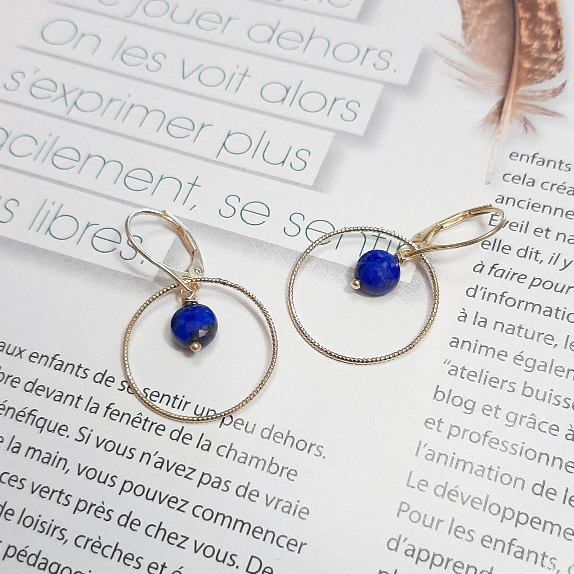 Boucles d'Oreilles créoles en Argent fin Doré et  Lapis-Lazuli