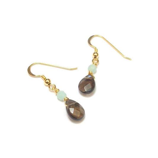 Boucles d'oreilles simples et élégantes en argent 925 doré à l'or fin, avec des pierres naturelles : quartz fumé et amazonite.