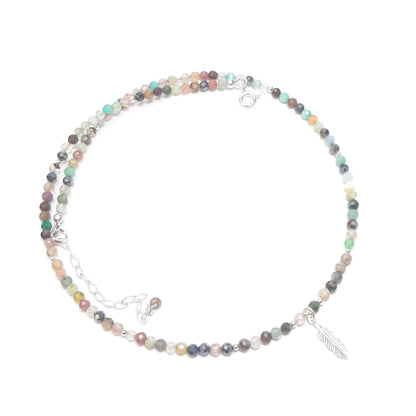 collier multicolore en argent et pierres naturelles, pendentif plume