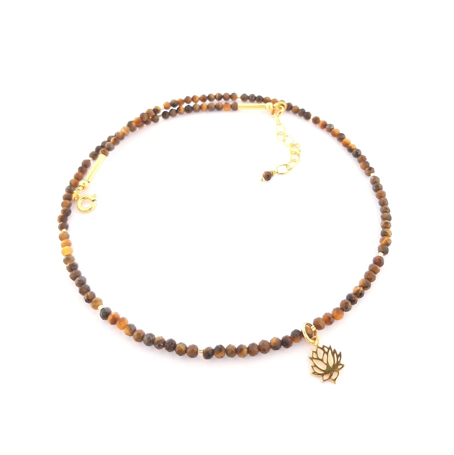 Collier ras-du-cou en argent 925 doré, perles d’œil de tigre naturelles de 3 mm et pendentif fleur de lotus
